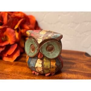 Rustic Wooden Owl Figurine, Hand Carved & Hand Painted, Small Colorful Decor